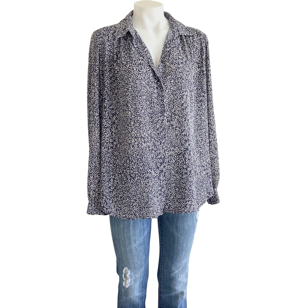 Morris & Co x H&M Navy White Willow Leaf Print Button Down Blouse Top Size 14